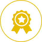 Yellow award badge with star on black background.