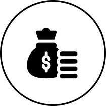 Money bag and coins icon in circle.