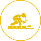 Icon of worker laying bricks, yellow outline.
