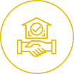 Handshake, house, checkmark icon in yellow circle.
